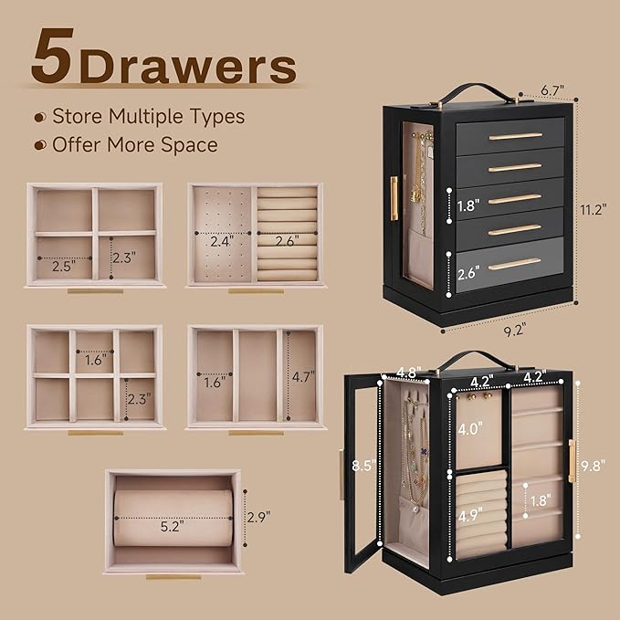 360° Rotating 5‑Drawers Jewelry Box with Top Handle & Glass Window, Spacious Vertical Jewelry Organizer, Jewelry Storage Case, Dustproof & Moisture‑resistant Design, Black - Image 4