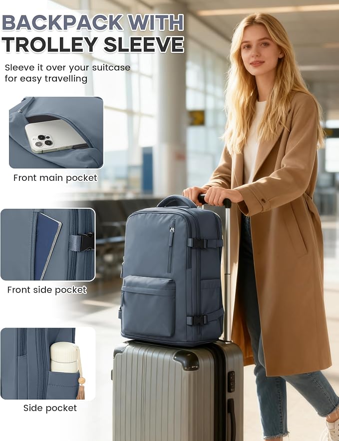 Large Travel Gym Backpack Women Carry On Backpack Flight Approved Hiking Waterproof Rucksack Casual Daypack Laptop bags airplanes Shoes Compartment Personal Item Travel Weekender Essentials JewelBlue - Image 5