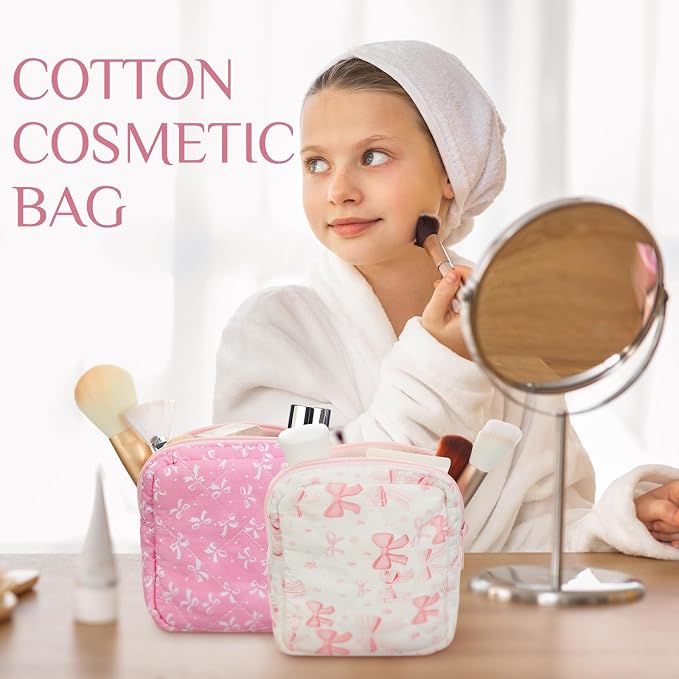 Paterr 10 Pcs Quilted Makeup Bag Bulk Cotton Floral Cosmetic Bag Women Girls Bridesmaid Gifts Cute Makeup Pouch Coquette Aesthetic Travel Toiletry Organizer(Pink Bow,5.12 x 4.72 x 1.97 Inches) - Image 5