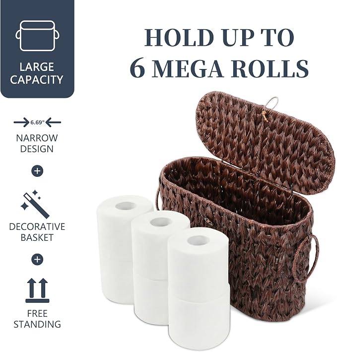 Coeusy Toilet Paper Basket with Lid, Wicker Basket for Bathroom Organizers and Storage, Holds Up to 6 Mega Rolls, Decorative Hand-Woven Rattan Bathroom Decor Accessories, Brown - Image 6