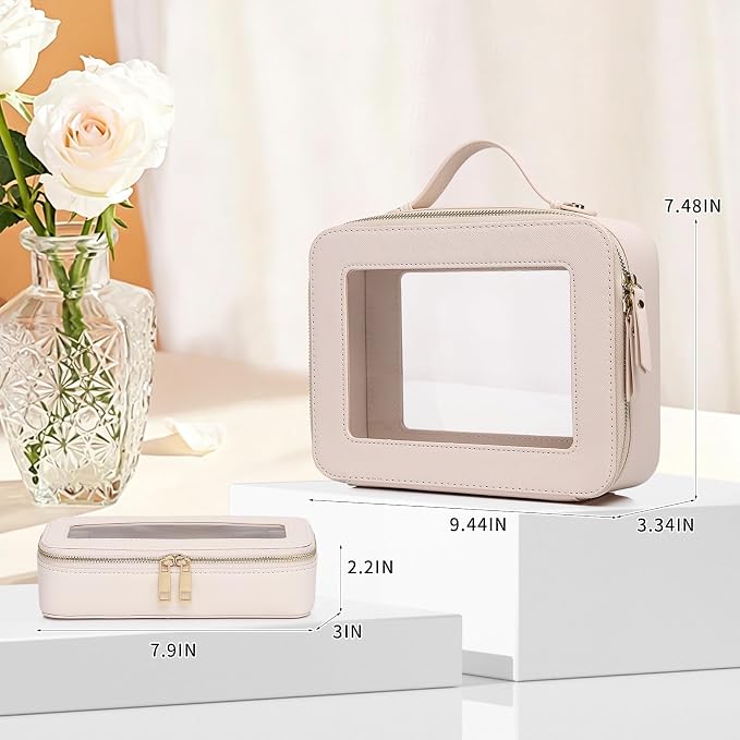Clear Travel Makeup Bag, Beige, L+Slim | With Brush Bag, Transparent, Waterproof, With Zipper - Image 3