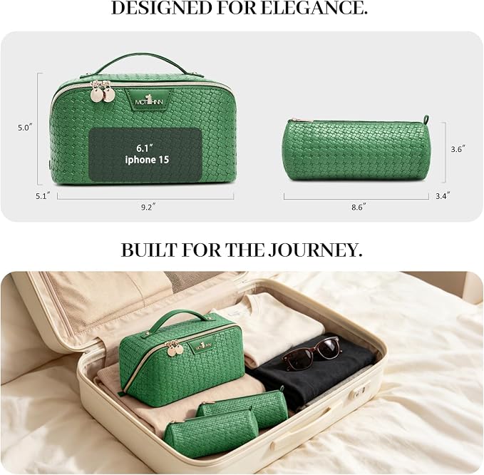 Travel Makeup Bag for Women: Designer 3 Pcs Set Cosmetic Bags for Women - Large Capacity Vagen Leather Hand-made for Toiletry Organizer - Ladies Travel Flat Open Essentials for Luxury (04Green) - Image 7