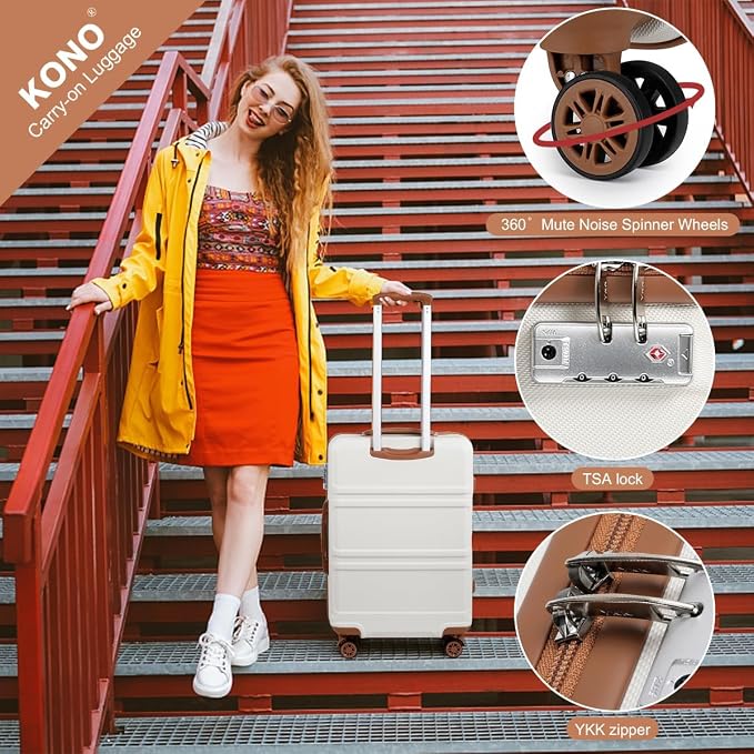 Kono Suitcase Set 3 Piece Carry On Hardside Luggage with Spinner Wheels | Lightweight PC+ABS Carry On Suitcase with TSA Lock Cream White - Image 4