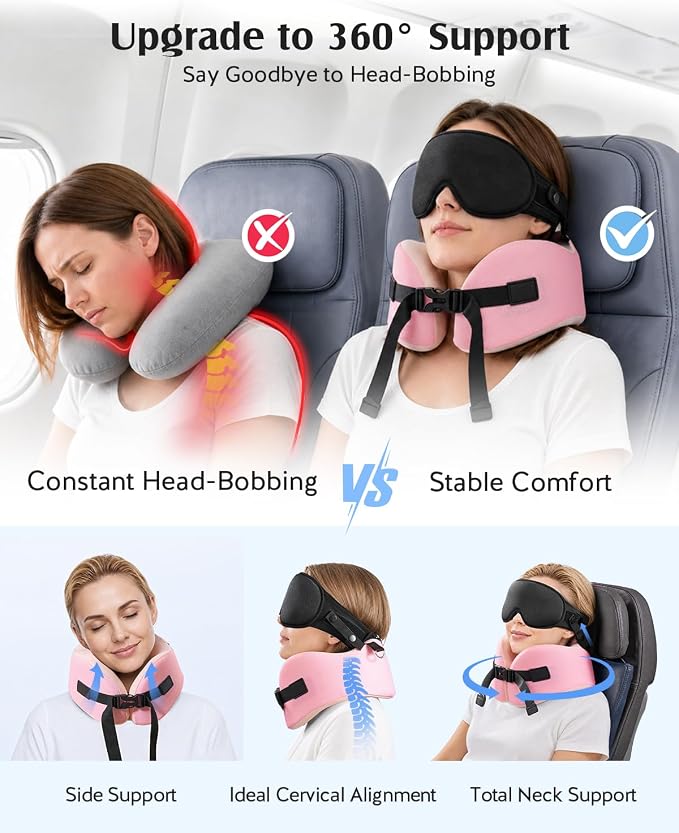 YFONG Travel Pillow for Long Flights, Patented 360° Ergonomic Sleeper Hold Head Support System with Memory Foam Neck Pillow & 3D Sleep Mask, Prevent Head Bobbing for Airplane & Road Trip, Pink - Image 5