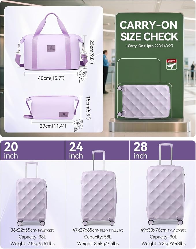 Somago Luggage Set of 3 Piece Suitcase Set Carry On Luggage with YKK Zipper TSA Lock ABS Hardside Luggage Spinner Wheels, Light Purple - Image 4