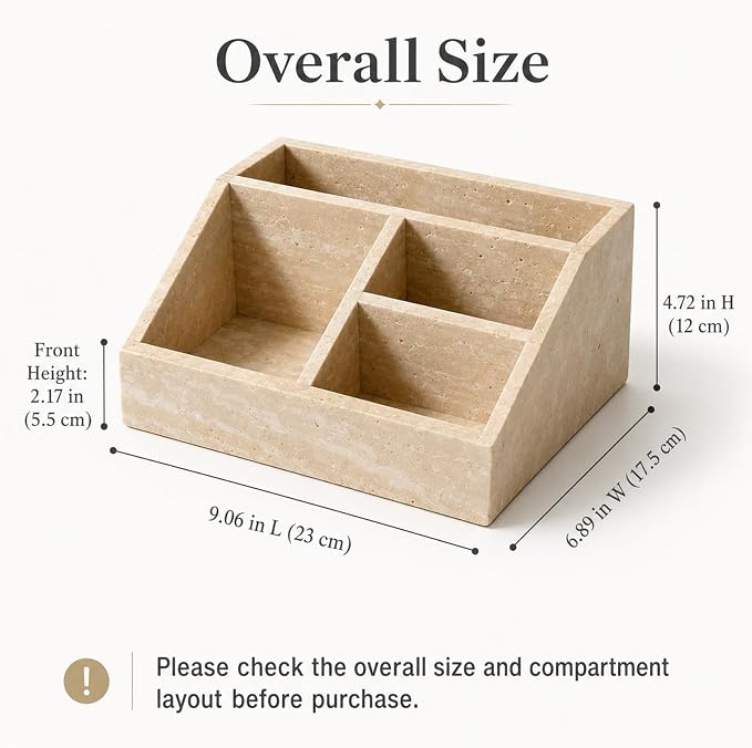 Travertine 4-Compartment Desk Organizer, Beige | Natural travertine with 4 compartments for pens, makeup brushes, skincare bottles, office supplies and vanity items - Image 3