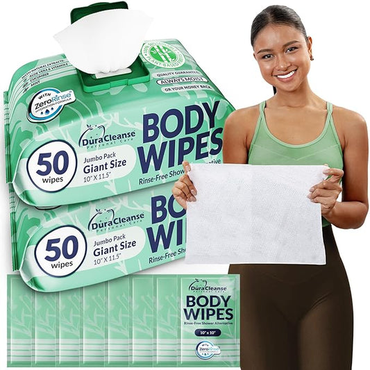 Body Wipes for Women, Extra Moist No Rinse Bathing Wipes (2pk), 100 XL Shower Cloths + 8 Deodorizing Bath Cloths - 10" x 11.5"" Travel Size After Gym Cleaning Essentials, Toiletries for Womens Hygiene
