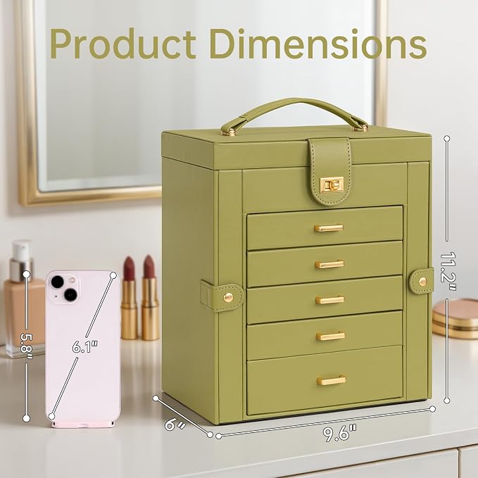AKOZLIN 6-Tier Jewelry Box Organizer Functional 5 Drawers Leather Jewelry Storage Case for Women Girls Ring Necklace Earring Bracelet Holder Organizer with Mirror Medium Green - Image 6