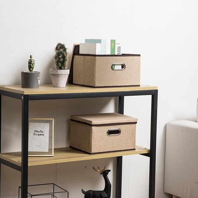 PRANDOM Storage Bins with Lids [3-Pack] Jute Fabric Foldable Storage Boxes Organizer Containers Baskets Cube with Cover for Home Bedroom Closet Office Nursery khaki（11.4X8.6X6.7 - Image 2