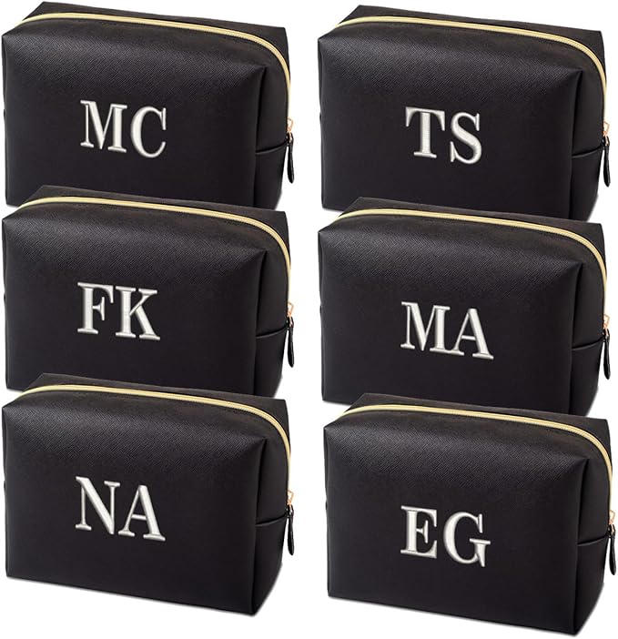 GOPHIE Personalized Embroidered Makeup Bag, Toiletry Bag for Women, Large Cosmetic Travel Bag, Gift For Bridesmaid,Set of 6,Black by GOPHIE