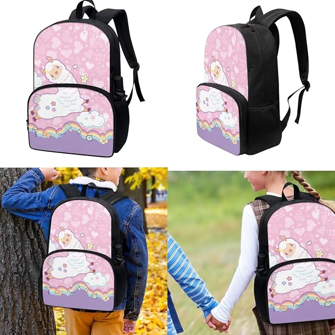 3Pcs Cute Alpaca Pink Backpacks Sets for Girls, Kids Backpack School Bookbags with Insulated Lunch Box Pencil Case for School Elementary Girl - Image 2