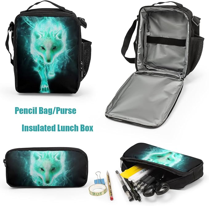 Giwawa Cyan Wolf Backpack 3-Piece Set, Cool Wilderness Animal Pattern Bookbag Lunch Bag Stationery Holder Case for School College Students Daily Essentials Camping Trips Outdoor Travel - Image 5