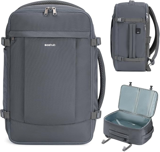 ECOHUB Travel Backpack for Men Women, Carry on Backpack with USB Charging Hole, Spirit Airlines Personal Item Bag Flight Approved, 15.6 Inch Laptop Backpack with Anti Theft Pockets, 30L, Grey by ECOHUB