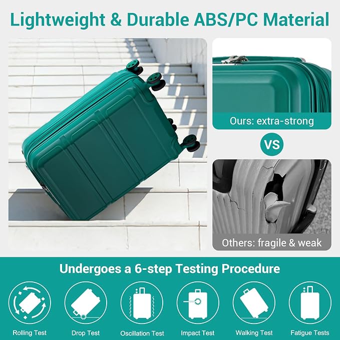 Kono Carry On Luggage Set Airline Approved with Spinner Wheels | Lightweight PC+ABS Carry On Suitcase with TSA Lock Durable Luggage Hardside Turquoise - Image 4