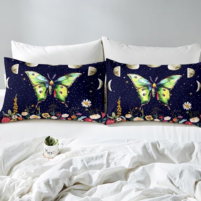 Death Moth Bedding Set Full for Women Men Boys Gothic Decor Comforter Cover Kids Girls Moth Skull Duvet Cover Spring Summer Floral Botancial Moon Print Bedspread Exotic Animal Moths Beddding - Image 5