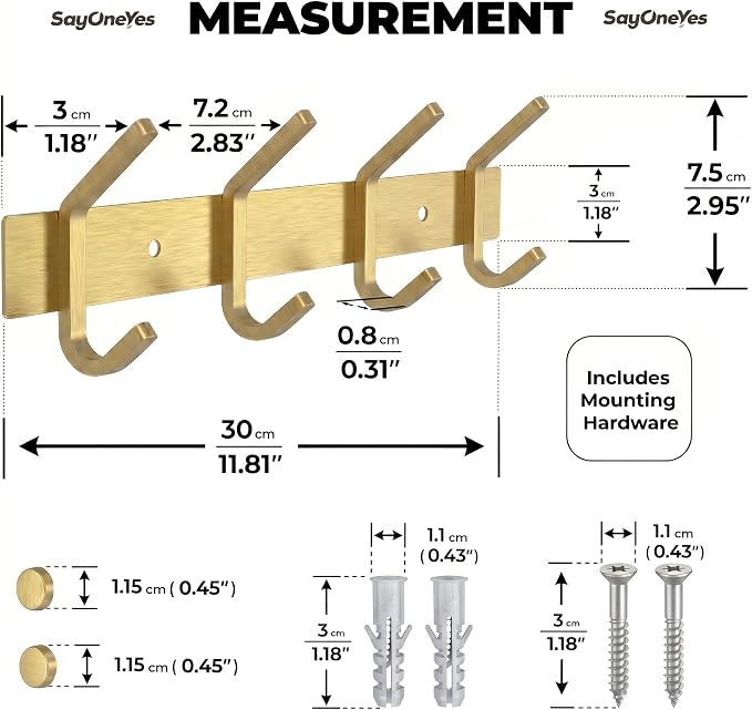Brushed Gold Wall Mounted Coat Rack – 12 Inch Stainless Steel Rail with 4 Double Coat Hooks for Entryway, Bathroom, Bedroom, Kitchen – Modern Gold Hook Rack for Coats, Hats, Towels - Image 2