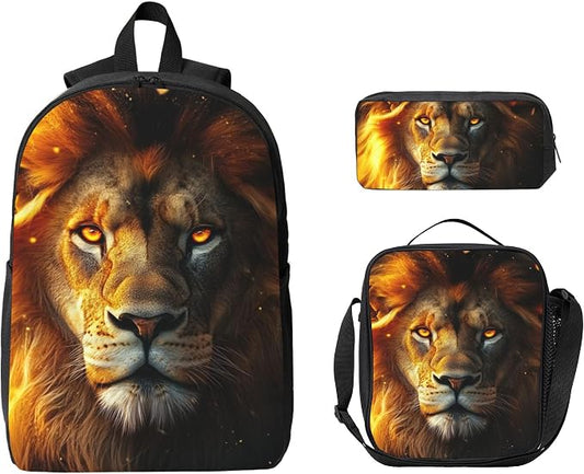 Lion Kid Backpack Set with Lunch Bag & Pencil Case Large Capacity School Bag 17 Inch Bookbag for Boy Girl by thmnj