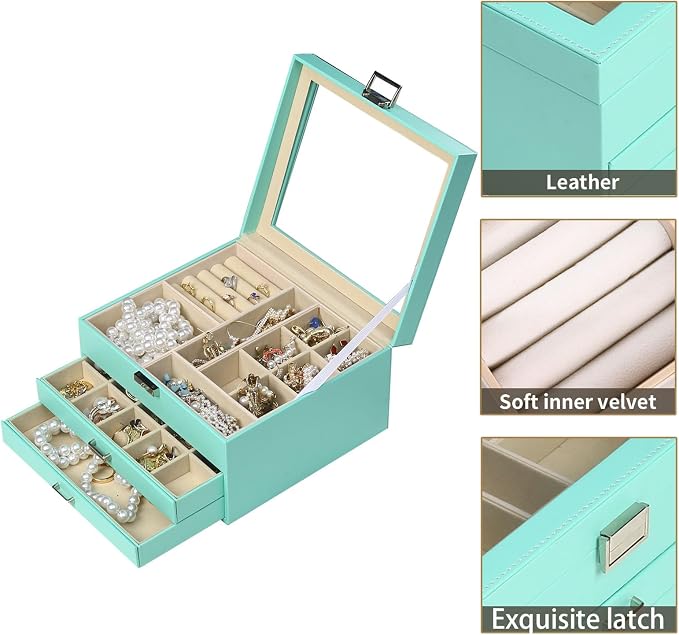 BOOVO Clear Lid Jewelry Box,3 Layers Jewelry Organizer Large Jewelry Storage Box with 2 Drawers,Jewelry Holder Organzier of Rings Earrings Necklace Bracelets for Women (Turquoise, 3 Layer) - Image 2