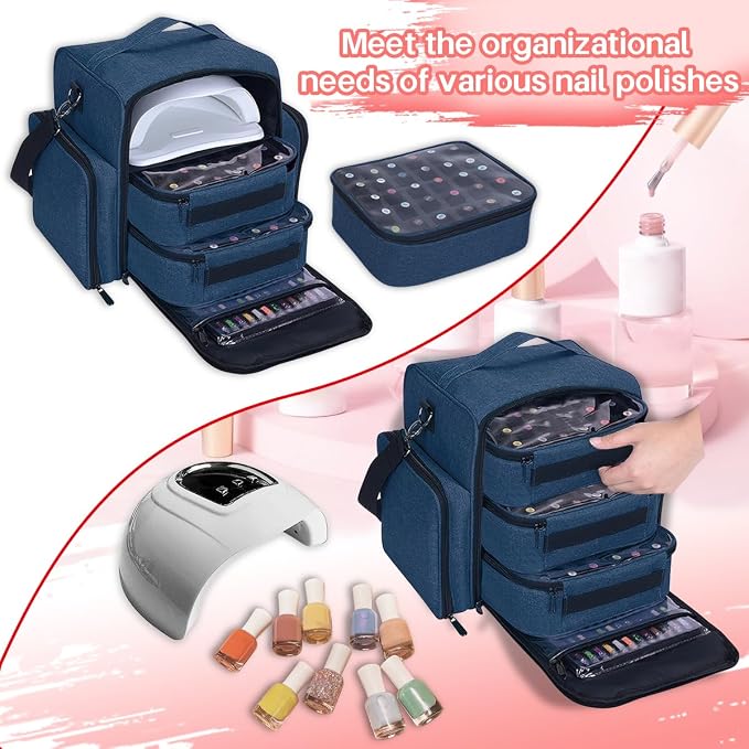 Nail Polish Organizer Case Hold 90 Bottles with 3 Detachable Bag,Blue | Portable Travel Storage Box Designed for Women's Nail Tools, Essential Oils and Cosmetics Sets - Image 6