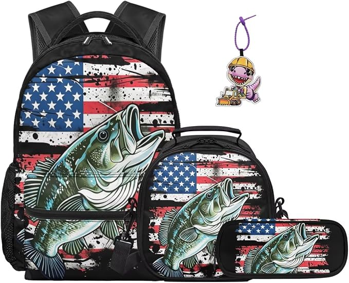 Patriotic Bass Fishing 4-Piece Kids School Backpack Set with Insulated Lunch Bag, Pencil Case & Charm, Lightweight American Flag Bookbag for Boys Elementary 1st 2nd 3rd 4th 5th Grade by Dremagia