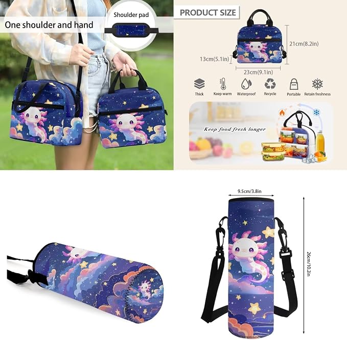 Cartoon Galaxy Axolotl Schoolbag and Lunch Box Pencil Case Water Holder Sleeve for Girls Boys Axolotls Backpack 4pcs Set,Back to School Supplies Axolotl Backpack for Toddler Girl - Image 4