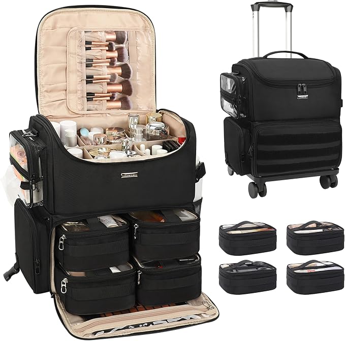 Relavel Rolling Makeup Case Large Makeup Bag with 4 Clear Set Bags, Dual Layer Professional Cosmetic Organizer Travel Train Case Artist Kit with Adjustable Dividers & Easy to Clean Lining, Black by Relavel