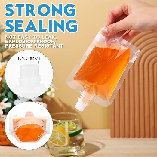 Patelai 150 Pieces Plastic Liquid Pouch Reusable Juice Pouches Travel Water Leak Proof Bags Bulk with Collapsible Silicone Funnel for Travel Outdoor (5 oz) - Image 2