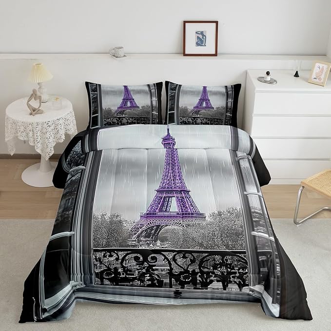 Erosebridal Purple Eiffel Tower Comforter Set Twin,Vintage France Paris Bedding Set for Girls Boys Teens Women Retro City Building Down Comforter Romantic Rainy Day Quilt Pillow Case Bedroom Decor - Image 2