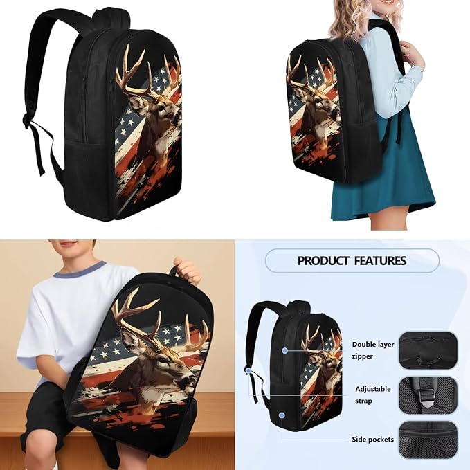 USA Flag Deer School Backpack Set with School Bookbag Double Shoulder Lunch Bags and Pencil Box Pouch Water Bottle Organizer Travel Bag for Teens 4 Piece Set - Image 3