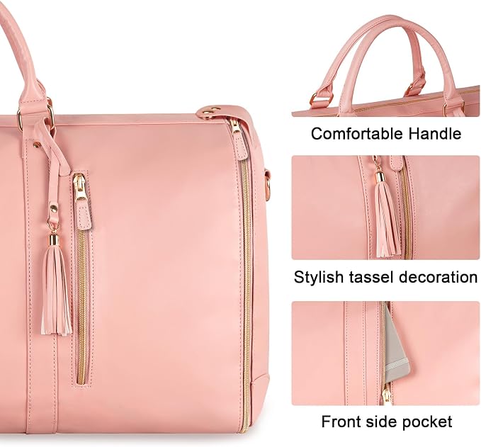 Ytonet Garment Duffle Bags for Travel, Convertible Carry On Garment Bag for Women, Large PU Leather Foldable Travel Bag with Shoe Pouch, 2 in 1 Hanging Suitcase Dress Suit Travel Bags, Pink - Image 6