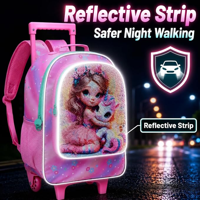 AGSDON 3PCS Rolling Backpack for Girls Boys, Kids Roller Wheels Bookbag, Wheeled School Bag with Lunch Bag - Image 4