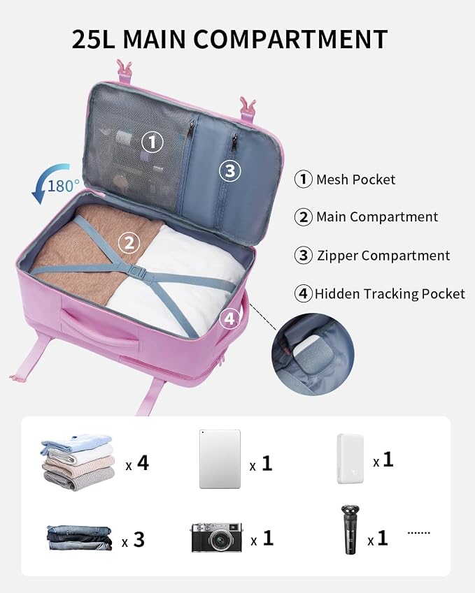 ECOHUB 17" Small Travel Backpack, United Airlines Personal Item Bag 17x10x9 with 16 Pockets, Water Resistant Rucksacks Fit 15.6" Laptop, AirTag Pocket, Lightweight Casual Daypack, 25L, Pink - Image 3