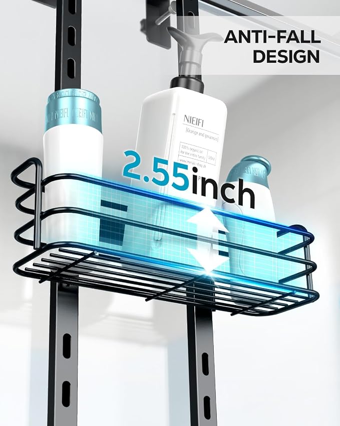 Nieifi Over The Door Shower Caddy, Adjustable Hanging Shower Organizer | Adjustable hanging baskets, 4 hooks, large capacity, rustproof steel, pantry organizer, drill free, for bathroom, black - Image 4