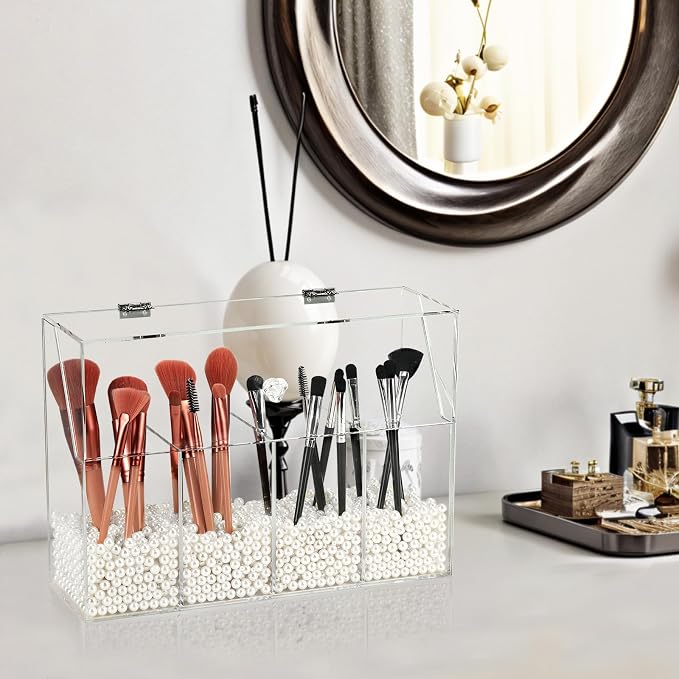 Vevitts Acrylic Makeup Organizer, Clear Cosmetic Brush Storage Box With 4 Brush Holders (Pearl not included),Makeup Brush Holder with Dust Cover, Large-capacity Split Design Organize the Desktop - Image 5
