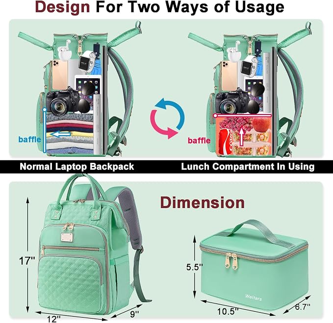 Weitars Lunch Backpack For Women,15.6 Inch Laptop Backpacks For Womens Back pack, Travel Backpacks,Work Backpack For Women (LightGreen) - Image 4
