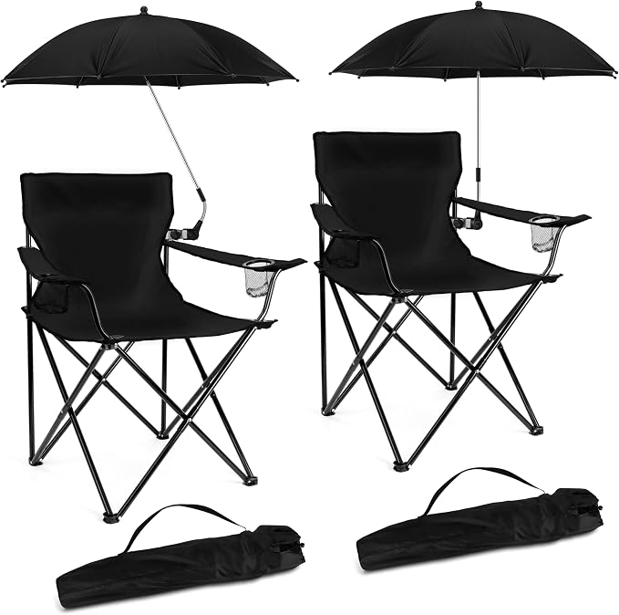 2PCS Camping Chairs with Detachable Umbrella, HaSteeL Folding Beach Chair for Adults, Large Portable Foldable Chair for Outdoors Fishing Hiking Travel Picnic Lawn, Supports 275lbs, Storage Bags, Black by HaSteeL