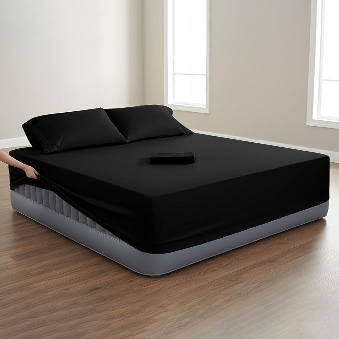Mocassi 4-Piece Extra Deep Pocket 16-24 Inch Air Mattress Bed Sheet Set- 4PC Sheet Set with Smart Pockets Ideal for Air Beds, RVs, Camping and Guest Rooms Premium Hotel Quality, Full, Black - Image 2