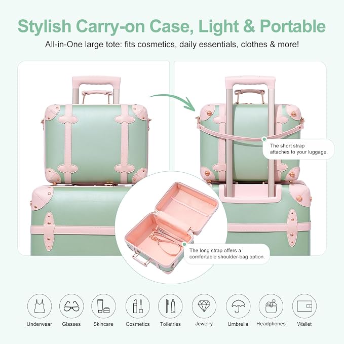 NZBZ Vintage Luggage Sets for Women Retro Suitcase Cute Vintage Expandable Luggage of 2 (Green with Pink, 14inch & 20inch) - Image 7