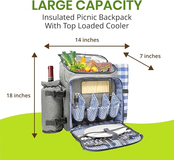 Nature Gear Picnic Backpack for 4, Insulated Picnic Set with Dinnerware, Wine Cooler, Blanket & Cutlery Service, Waterproof Outdoor Bag for Beach, Camping, Travel & Park, Blue - Image 6