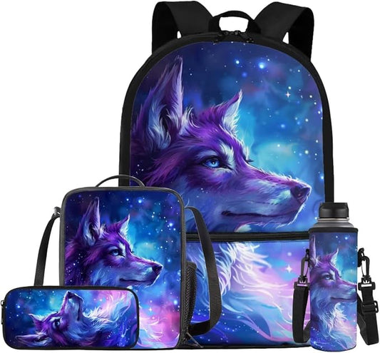 Galaxy Wolf Backpack for Girls Boys Backpack with Lunch Box Water Bottle Carrier and Pencil Pouch 4PCS Set Bookbag with Front Pocket for School 17 inch Large Capacity School Bag for Kids by ELEDIZI