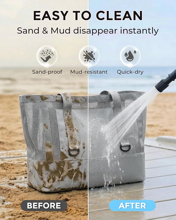 Large Mesh Beach Bag, Waterproof Bottom Tote, Structured Design Waterproof Pocket, Sandproof Pool Bag for Cruise Gym - Image 7