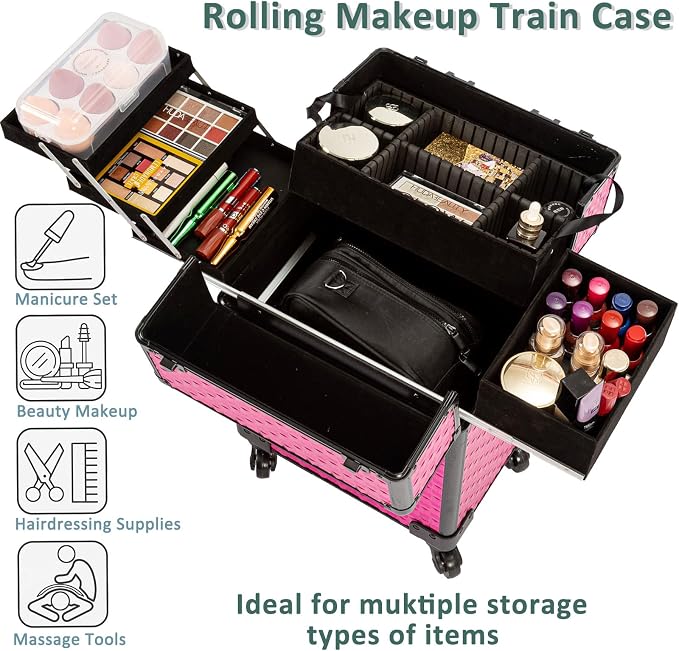 Arous Rolling Train Makeup Case Cosmetology Case on Wheels, Rose Red | Cosmetic Travel Trolley 4 Tray with Sliding Rail Removable Middle Layer with Key Salon Barber Case Traveling Cart Trunk - Image 2