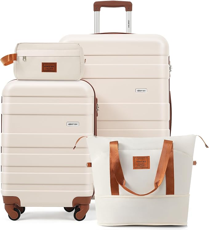 4-Piece Luggage Set, Suitcase with TSA Lock Travel Duffel Bag Wet-Dry Toiletry Bag, Ivory by Merax