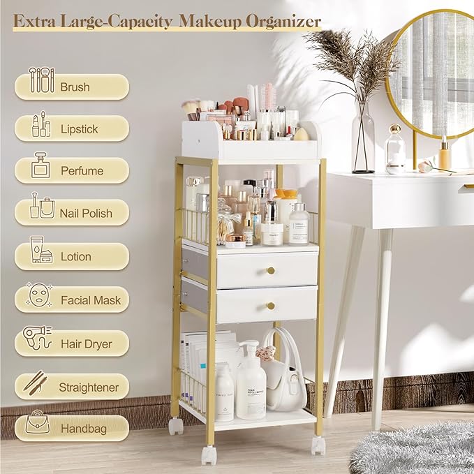 Makeup Organizer, Floor Skincare Organizers Make Up Organizers and Storage with Drawers, Vanity Organizer Cosmetics Display Cases Holder for Skin Care Nail Polish Perfume Gold - Image 3