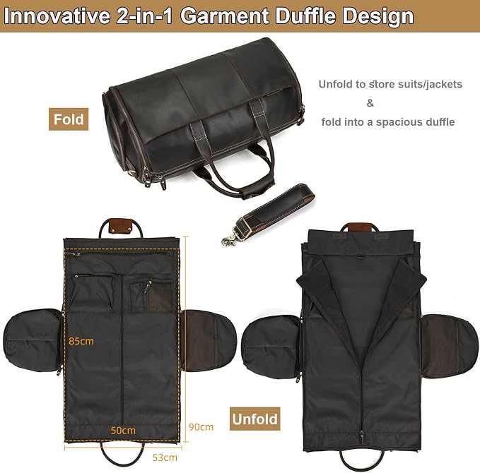 Full Grain Genuine Leather 2 in 1 Garment Dufflel Bag for Men Foldable Suit Carrier with Independent Shoe Compartment, Large Capacity Weekender Travel Bag for Business Trips, Dark Brown - Image 5