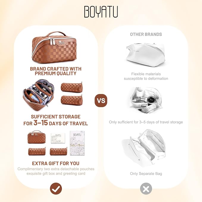 BOYATU Travel Makeup Bag Organizer: 3 Pcs Set Large Capacity Cosmetic Bags Holds 10–20 100ml Full-Size Bottles - 180°Open-Flat Make up Case 3-sec touch-up - Toiletry Bag Gift women (03-A-Brown) - Image 2