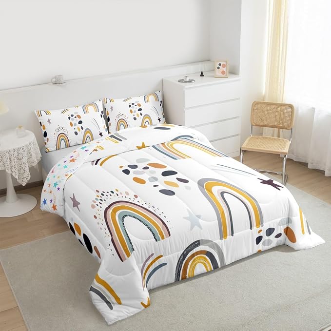 Rainbow Comforter Set Kawaii Decor, Rainbow Stripes Duvet Insert For Kids Girls Children Bedroom, Colourful Cute Cartoon Quilt Girly Iridescent Confetti Bedding Set With 2 Pillow Cases, King Size - Image 4