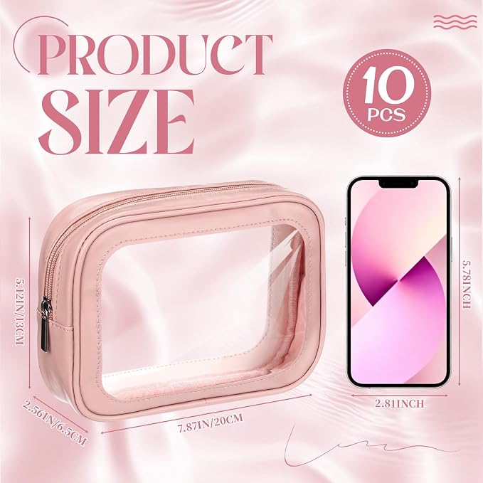Abbylike 10 Pcs Clear Makeup Bags Bulk Tsa Approved Clear Toiletry Bags with Zipper PU Leather Waterproof Travel Makeup Organizer for Women Wedding Bridal DIY Gifts Bachelorette Party (Pink) - Image 3