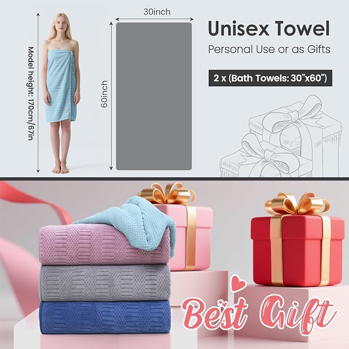 JML Microfiber Bath Towels, Large Bathroom Towel 2 Pack (30" x 60"), Oversized, Soft, Super Absorbent and Fast Drying, Multipurpose Use for Sport, Fitness, Yoga, Diamond Cross Grid Light Blue - Image 2