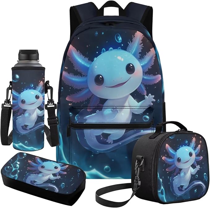Girls Backpack with Lunch Box Cute Axolotl Elementary School Backpack for Girls 17 Inch School Bookbag Set with Pencil Pouch+Bottle Sleeve, Funny Children's Book Bag Back Pack - Image 2